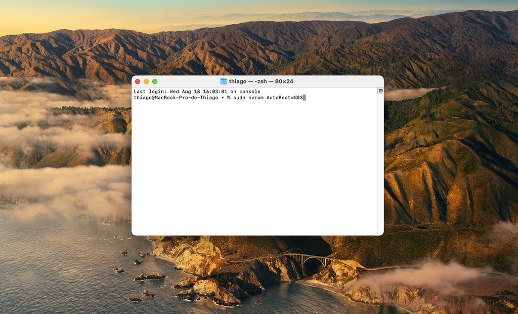 Insira o código acima para que o MacBook retorne a ligar ao abrir a tampa - Captura de tela: Thiago Furquim (Canaltech)
