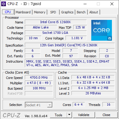 Intel Core i5 12600K no CPU-Z (Imagem: Reprodução/CPU-Z Validator)