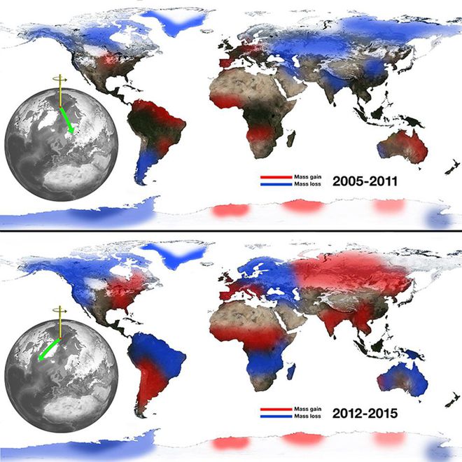 A distribuição de massa na Terra também causa mudanças no seu eixo de rotação (Imagem: Reprodução/NASA)
