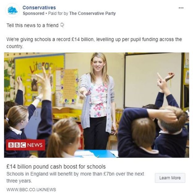 Anúncio feito pelo Partido Conservador, que altera a manchete da matéria (Imagem: BBC)