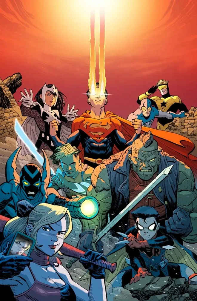 Capa de Dark Crisis nº 3 da DC com a nova Liga da Justiça improvisada por Jon Kent (Imagem: Reprodução/DC)