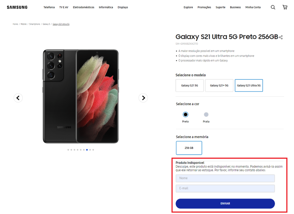 Galaxy S21 Ultra já se encontra fora de estoque com selo de "produto indisponível" (Imagem: Captura de tela/Canaltech)
