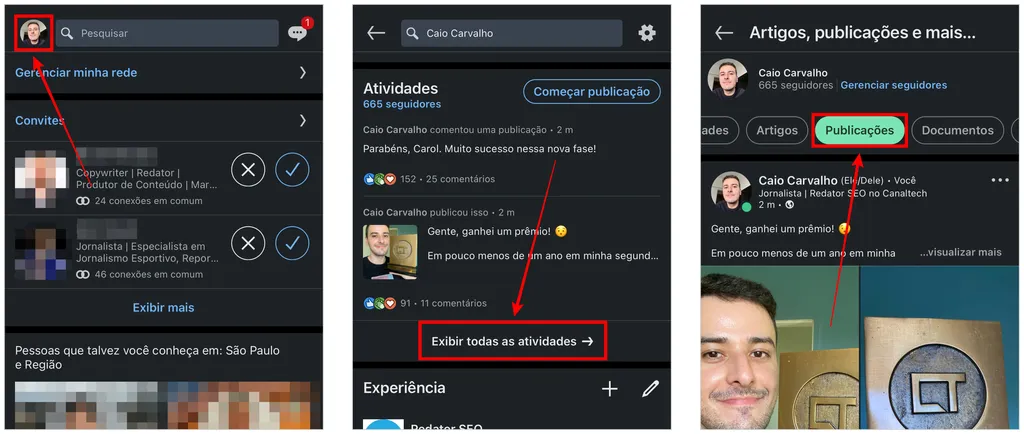 Aba de atividades que mostram todos os artigos no LinkedIn para celular (Captura de tela: Caio Carvalho)