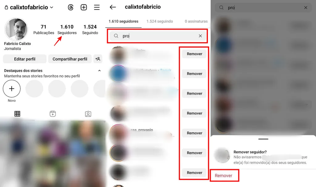 É possível ocultar seguidores no Instagram ao remover um perfil, desde que sua conta esteja configurada como privada (Imagem: Captura de tela/Fabrício Calixto/Canaltech)