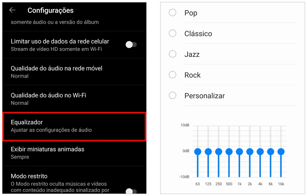 YouTube Music pode usar equalizador de som no Android para ajustar efeitos sonoros (Captura de tela: Caio Carvalho)