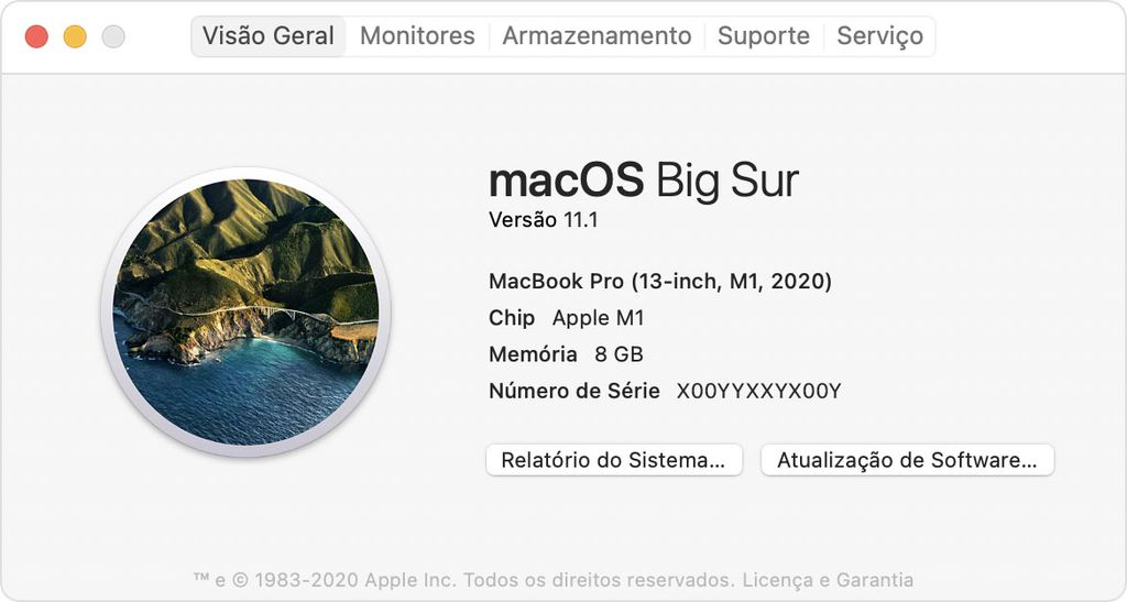 Confira a informação do chip equipado no MacBook para saber se é Apple Silicon ou Intel - Imagem: Reprodução/Apple
