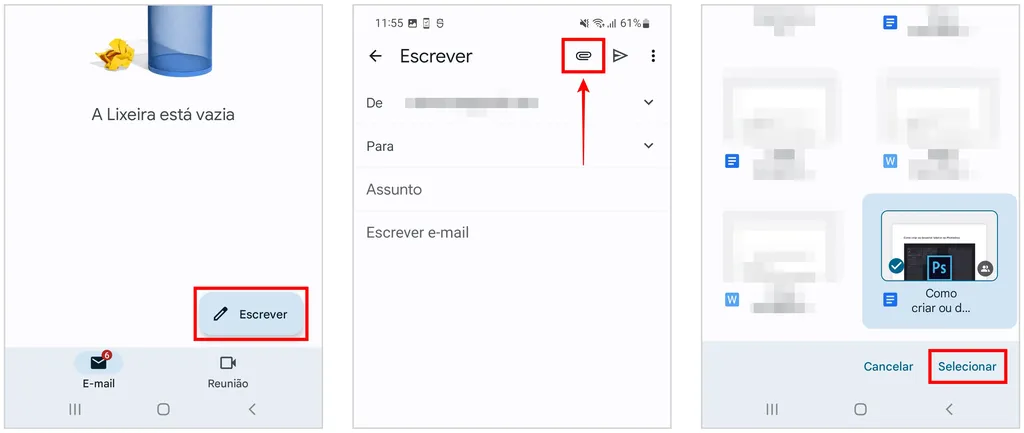 No app para Android e iPhone, também dá para enviar arquivos pelo Google Drive no e-mail (Captura de tela: Caio Carvalho)