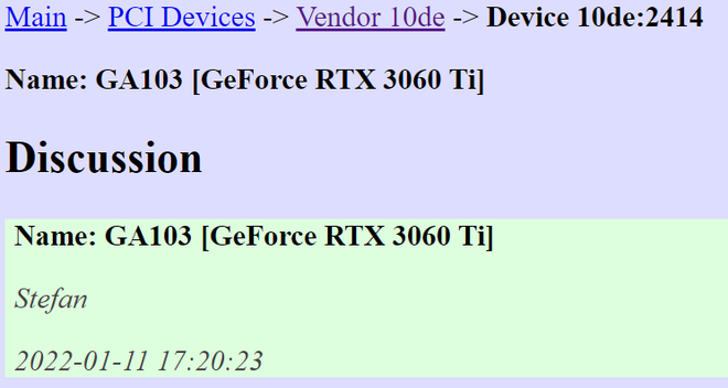 Registro feito nesta semana aponta para a existência de uma nova RTX 3060 Ti com chip GA103 (Imagem: PCI Devices DB/VideoCardz)