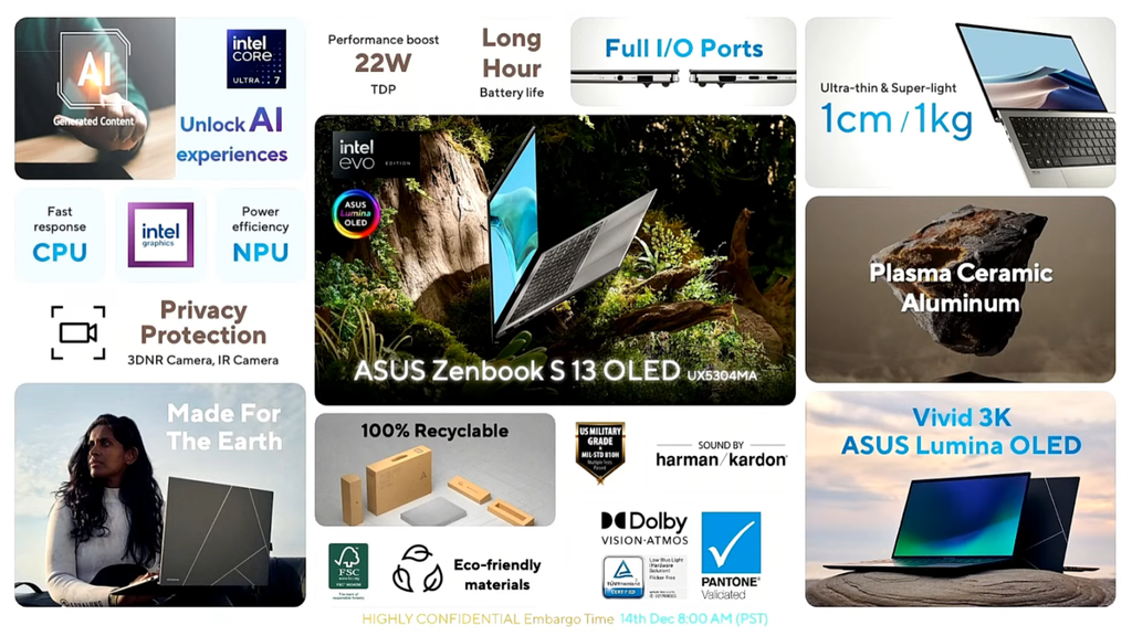 O compacto e leve ASUS Zenbook S 13 OLED também foi atualizado para 2024, agora trazendo CPUs até o Intel Core Ultra 7 155H (Imagem: Divulgação/ASUS)