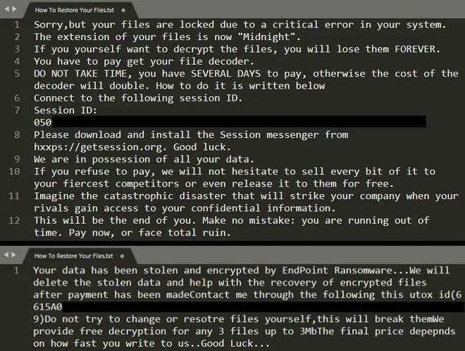 Nota de resgate enviada às vítimas pela Midnight junto ao ransomware (Imagem: Norton/Divulgação)