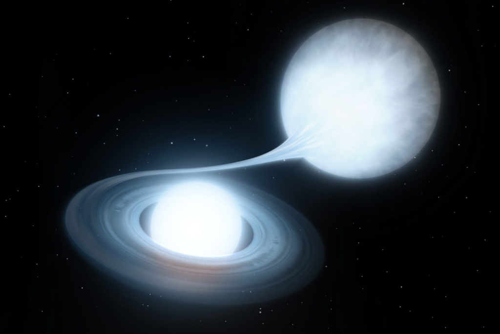 Representação de uma anã branca se alimentando da outra, até que ocorre uma supernova (Imagem: Reprodução/Caltech/Zwicky Transient Facility)ption
