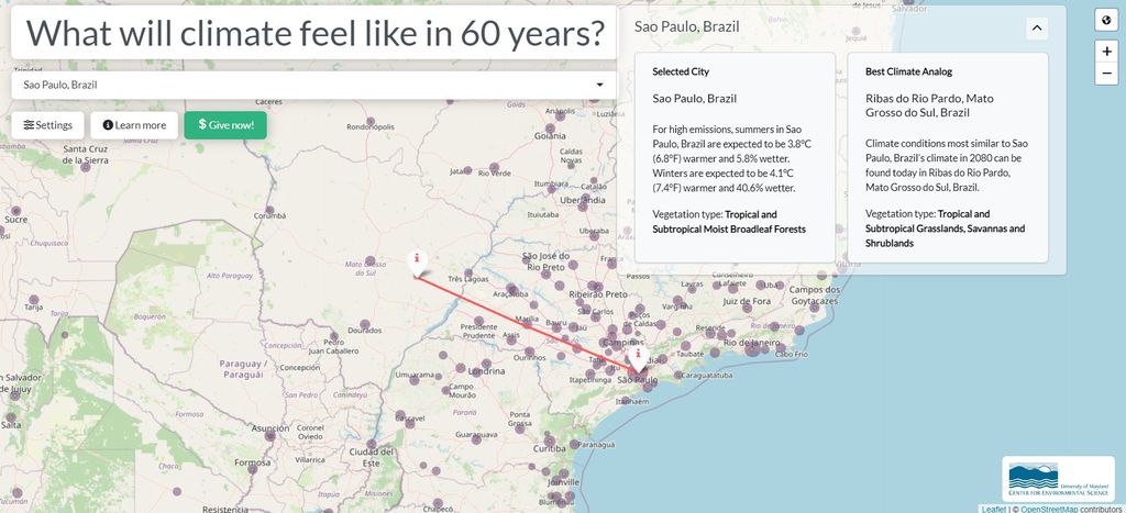Diante de mudanças climáticas, mapa interativo mostra qual será a temperatura média das cidades do Brasil no futuro (Imagem: captura de tela/Future Urban Climates/Universidade de Maryland)