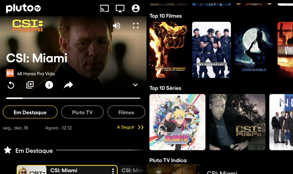 O Pluto TV é praticamente uma “TV a cabo de bolso” (Imagem: Captura de tela/Fabrício Calixto/Canaltech)