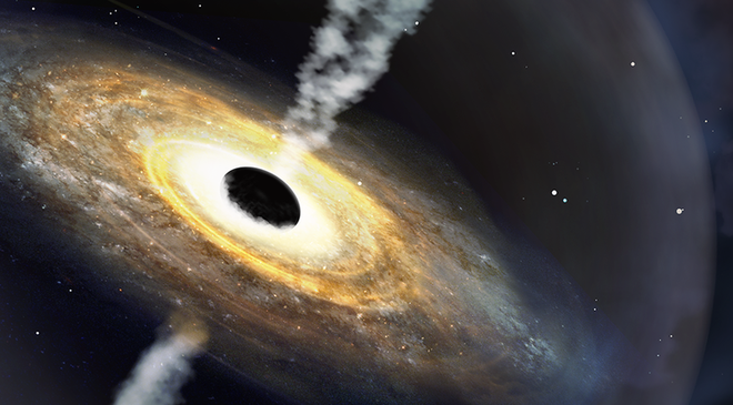 Representação artística de um quasar, uma galáxia com um buraco negro central ativo (Imagem: International Gemini Observatory/NOIRLab/NSF/AURA/P. Marenfeld)