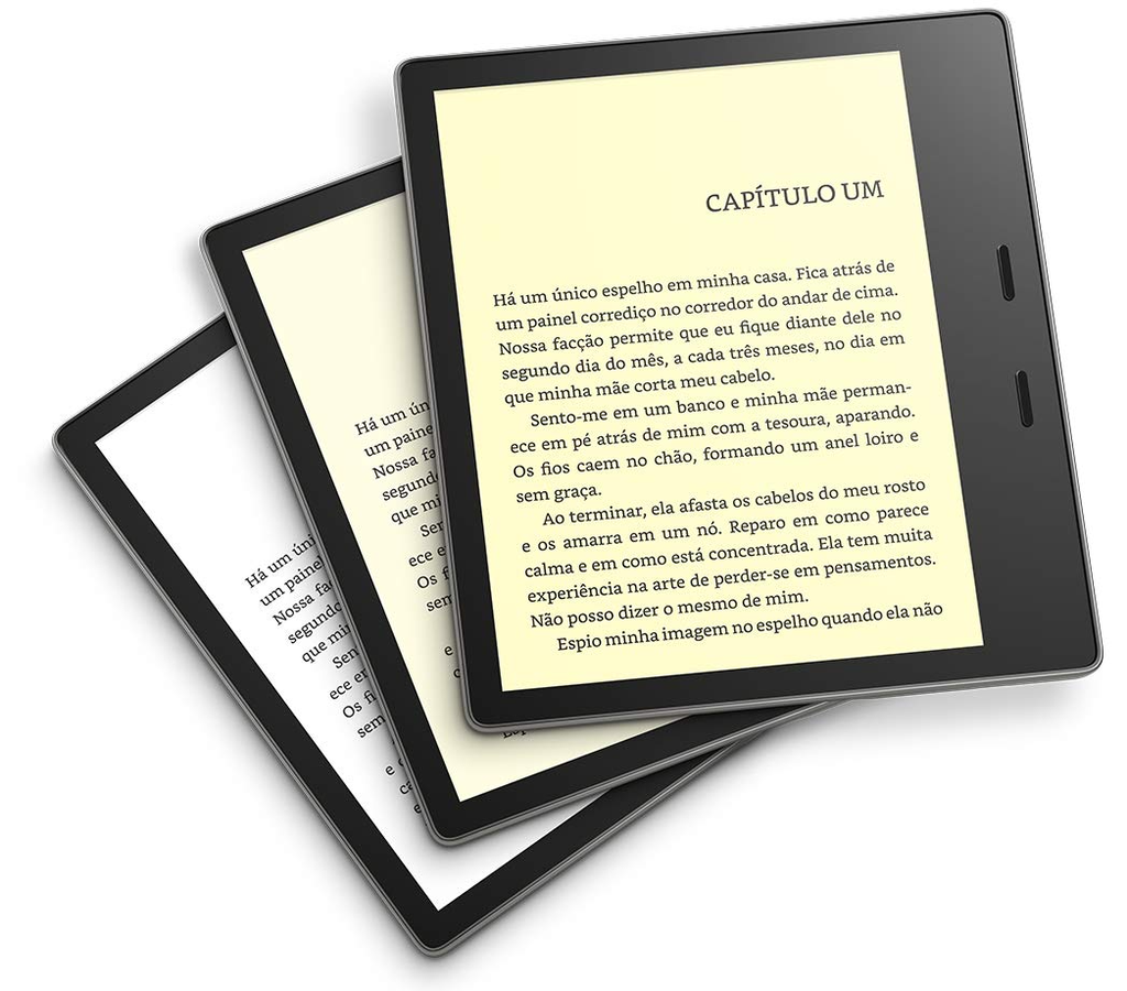 O Amazon Kindle Oasis tem corpo em alumínio, tela de 7 polegadas, botões para mudança de página e armazenamento de até 32 GB (Imagem: Reprodução/Amazon)