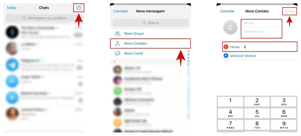 Para adicionar alguém no Telegram, use o mensageiro ou a própria agenda do celular (Captura: Kris Gaiato)