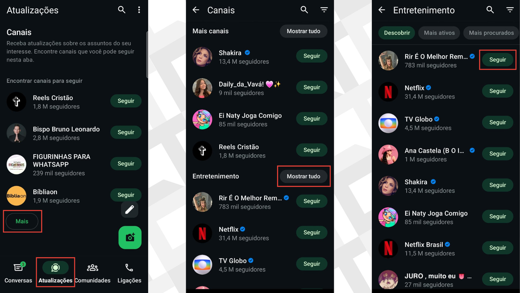 Passos para encontrar canais no WhatsApp