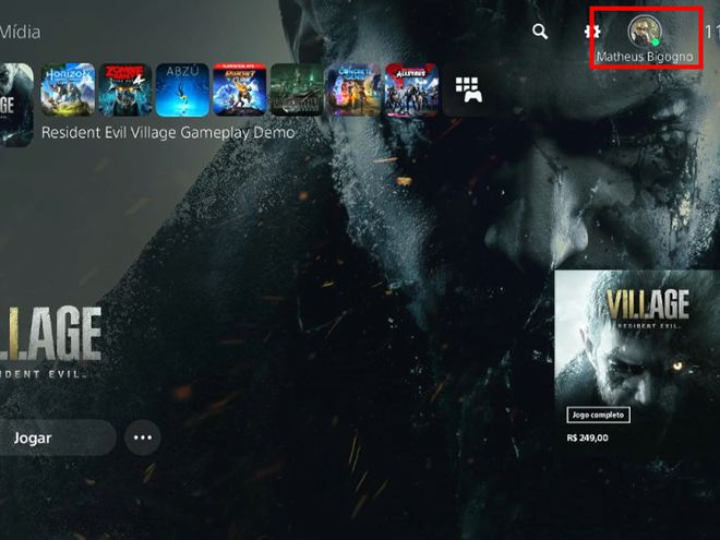 Na tela inicial do PS5, clique no ícone do seu perfil no canto superior (Captura de tela: Matheus Bigogno)