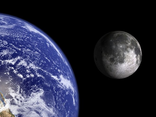 Ilustração mostrando a Terra e a Lua no espaço