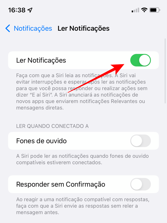 Ative a opção acima para a Siri ler as notificações - Captura de tela: Thiago Furquim (Canaltech)