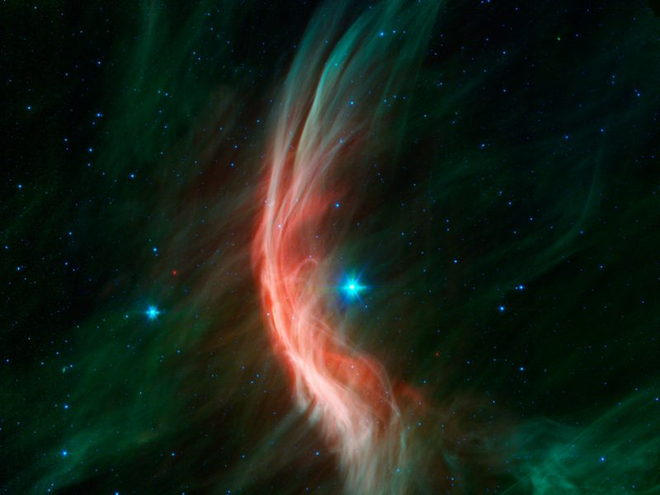 Ventos da estrela Zeta Ophiuchi que aparecem causando ondulações da poeira no espaço interestelar, onde as nebulosas ocorrem (Imagem: Reprodução/NASA)