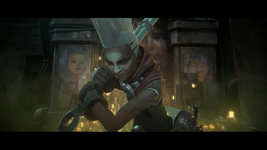No mural de Ekko em sua animação de 2015, dá para ver uma personagem bem parecida com Jinx. (Imagem: Reprodução/Riot Games)