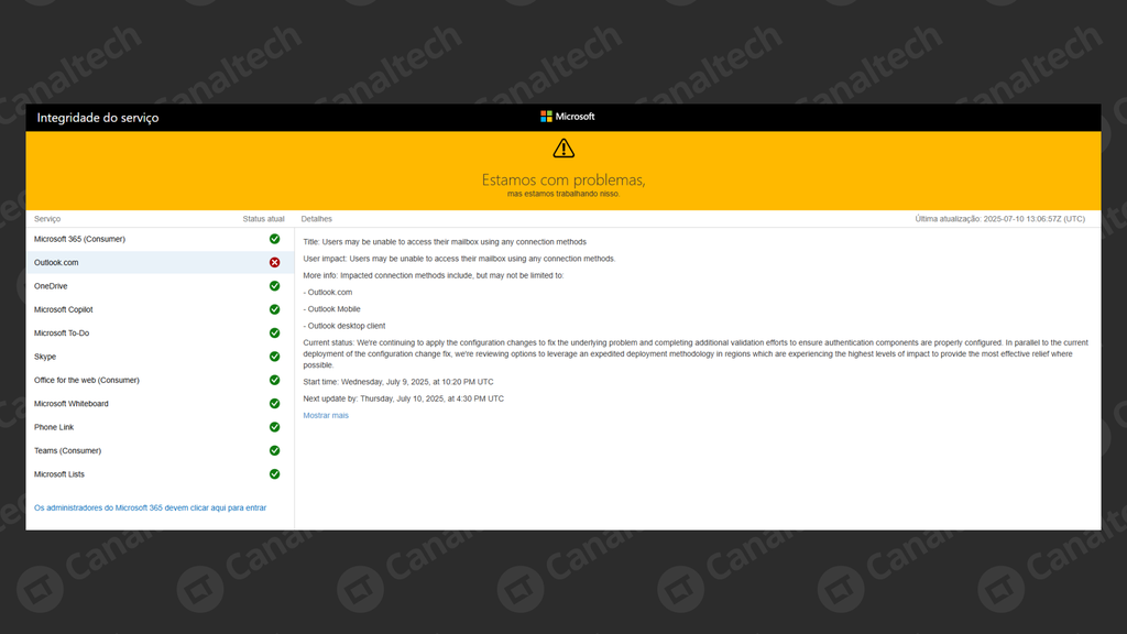 Microsoft relata problemas no Outlook nesta quinta (Imagem: Captura de tela/Bruno De Blasi/Canaltech)