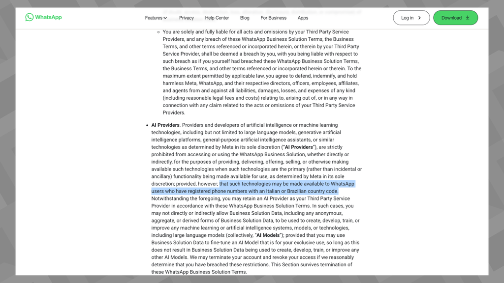 Brasil fica de fora de novas regras para IAs de terceiros no WhatsApp (Imagem: Captura de tela/Bruno De Blasi/Canaltech)