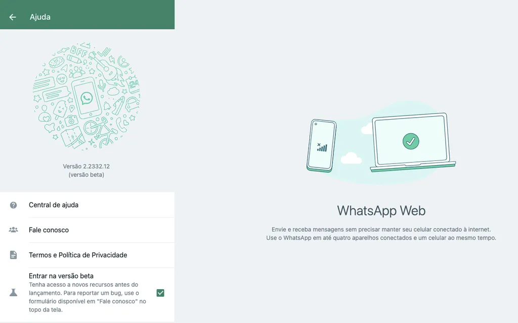 Ative a versão Beta do WhatsApp Web (Imagem: Captura de tela/Thiago Furquim/Canaltech)