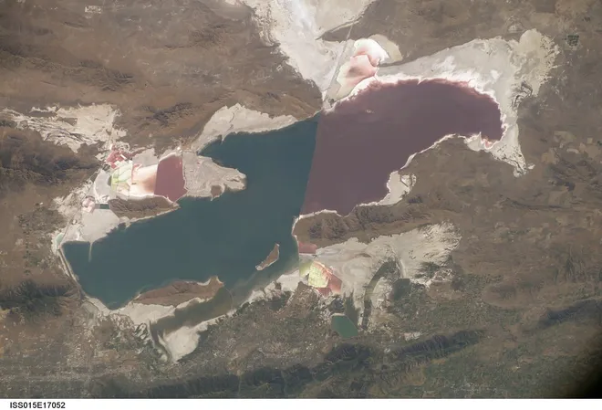 O Grande Lago Salgado é cortado por uma ferrovia construída em 1959. A porção norte já recebe menos água e é mais salina. Estas condições fazem com que bactérias que conferem um pigmento rosa à água se proliferem (Imagem:  NASA's Marshall Space Flight Center/CC BY-NC 2.0)