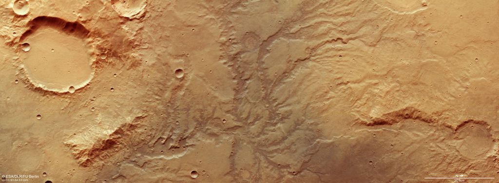 Foto tirada pelo Mars Express mostrando o vale que, hoje, é completamente seco, mas um dia já abrigou água líquida (Foto: ESA/DLR/Universidade Livre de Berlim)