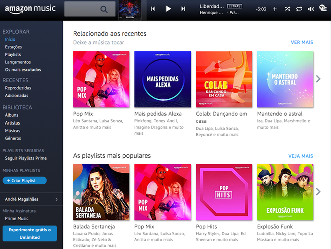Interface do Amazon Music em navegadores (Imagem: André Magalhães/Captura de tela)