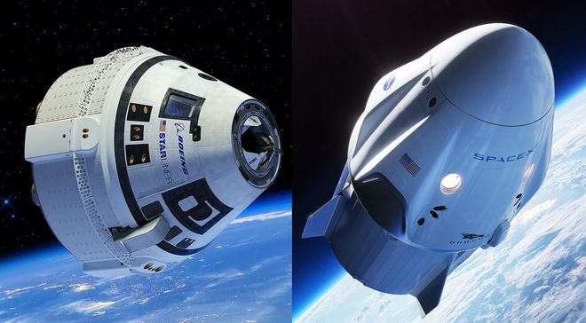 Cápsulas Starliner, da Boeing, e Crew Dragon, da SpaceX (Imagem: Boeing/SpaceX)