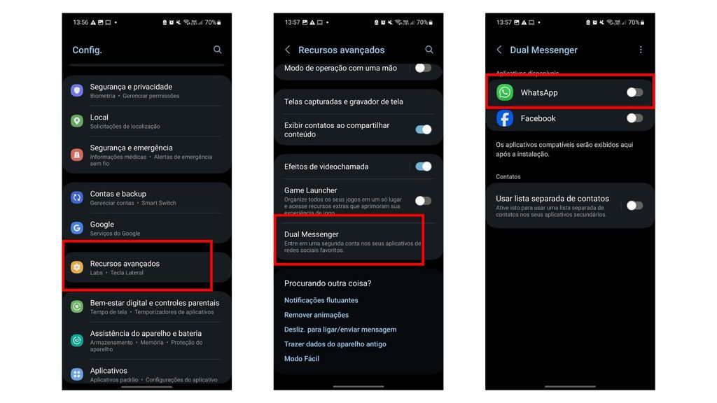 O Dual Messenger, da Samsung, permite adicionar duas versões do mensageiro (Imagem: Captura de tela/André Magalhães/Canaltech)