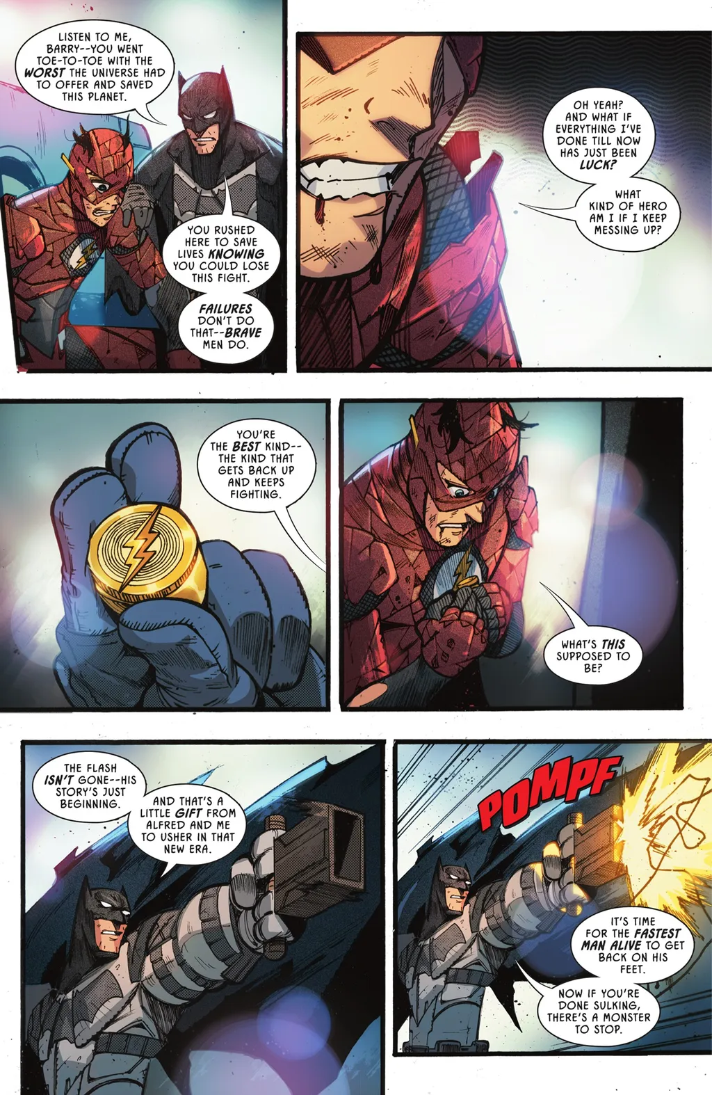 O Batman de Ben Affleck dá o anel do Flash, que garante o novo uniforme ao Velocista Escarlate (Imagem: Reprodução/DC Comics)