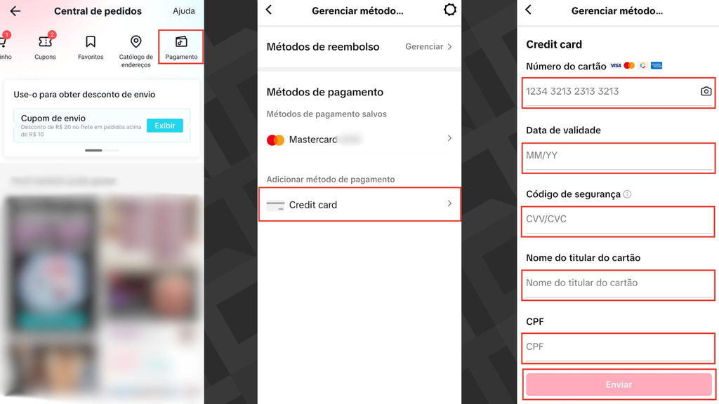 Adicionar cartão de crédito pelo perfil do TikTok Shop