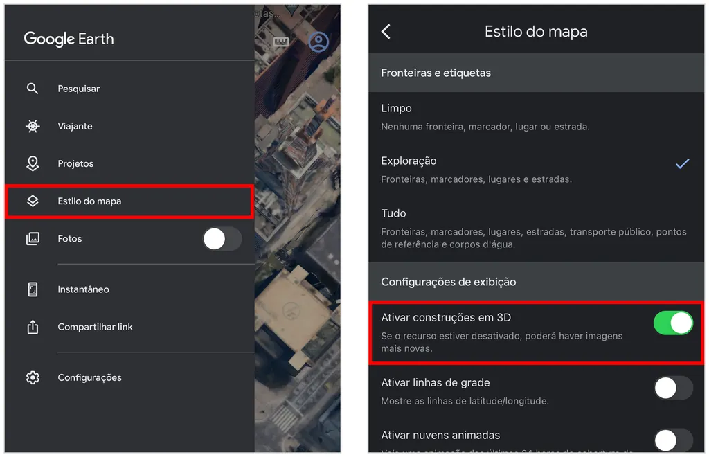 Acesse a função "Estilo do mapa" para deixar o Google Earth em 3D no celular (Captura de tela: Caio Carvalho)