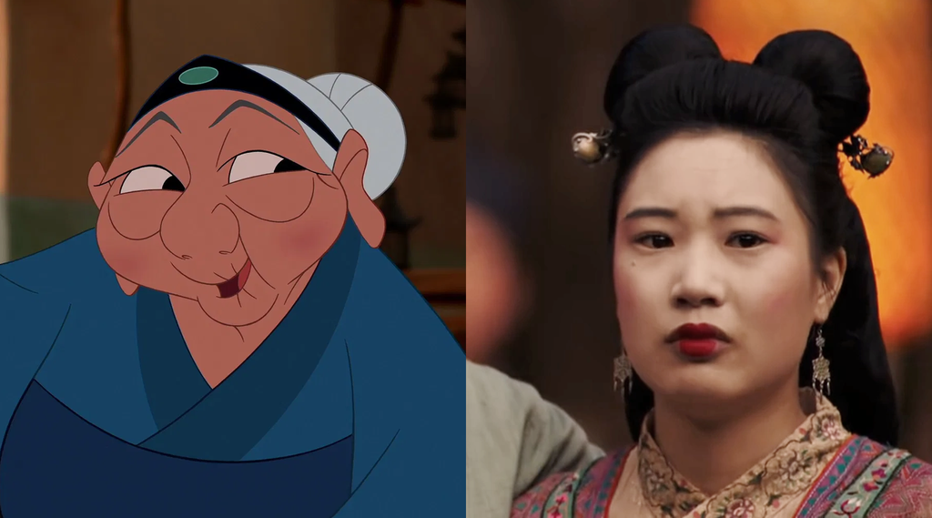 Na animação, Mulan é filha única e possui uma avó, enquanto no live-action, Hua Xiu é sua irmã mais nova (Imagem: Beatriz Vaccari / Canaltech)