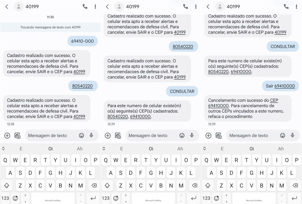 É possível cadastrar CEP para recebimento de alertas da Defesa Civil pelo SMS com o número 40199 (Imagem: Captura de tela/Guilherme Haas/Canaltech)