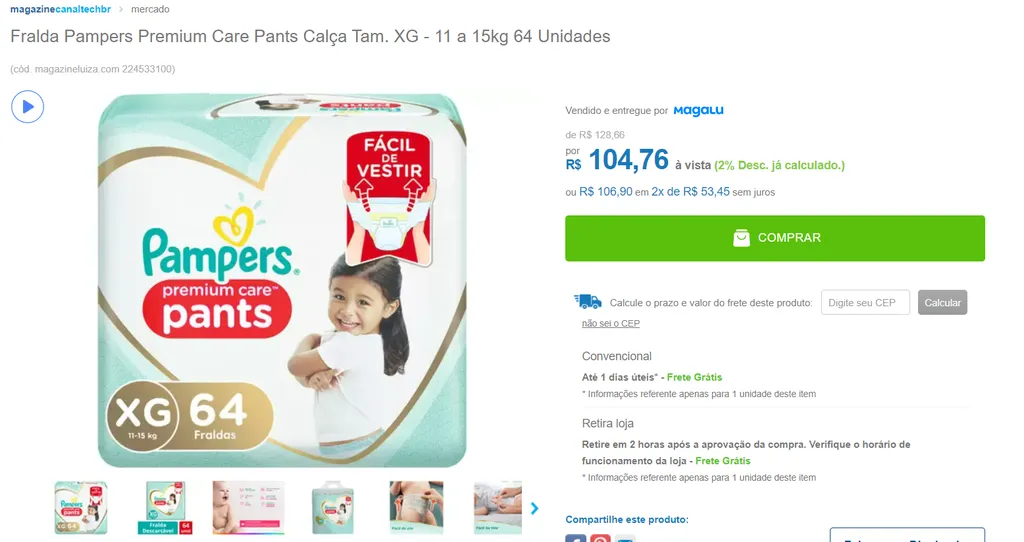 Fralda Pampers Premium Care Pants Calça Tam Xg 11 A 15kg 64 Unidades 107215 Canaltech Ofertas 8606