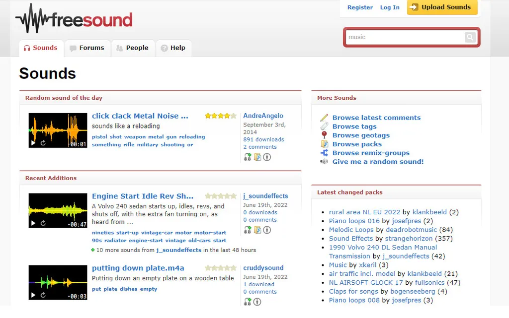 FreeSound apresenta biblioteca de áudio para fazer download grtuito (Captura de tela: Matheus Bigogno)