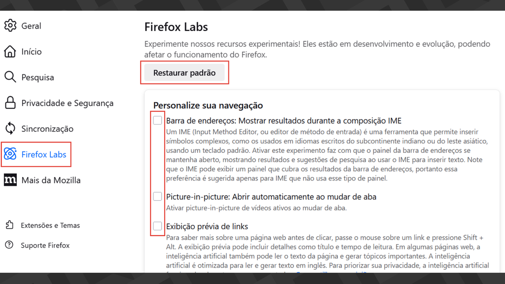 Captura das configurações do Firefox Labs