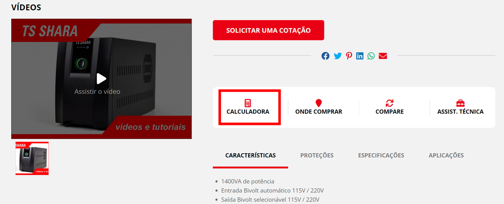 Várias fabricantes de nobreak disponibilizam calculadoras de autonomia no site oficial (Imagem: Reprodução/TS Shara)