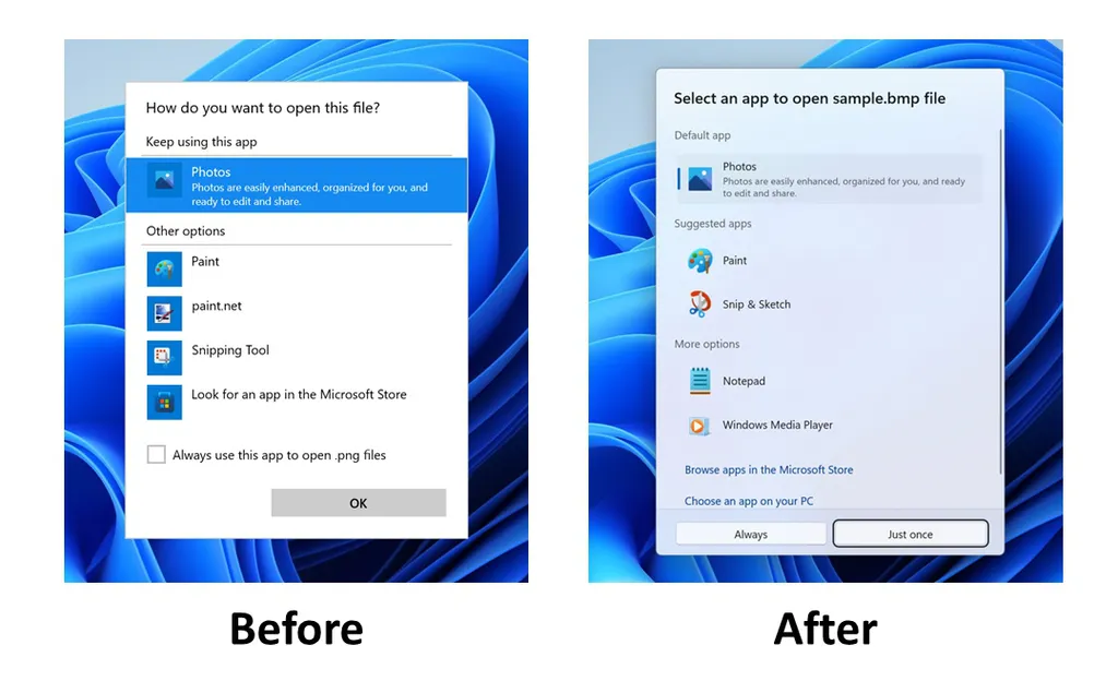 A janela "Abrir com" está com visual atualizado e com dois novos botões para interação (Imagem: Reprodução/Microsoft)