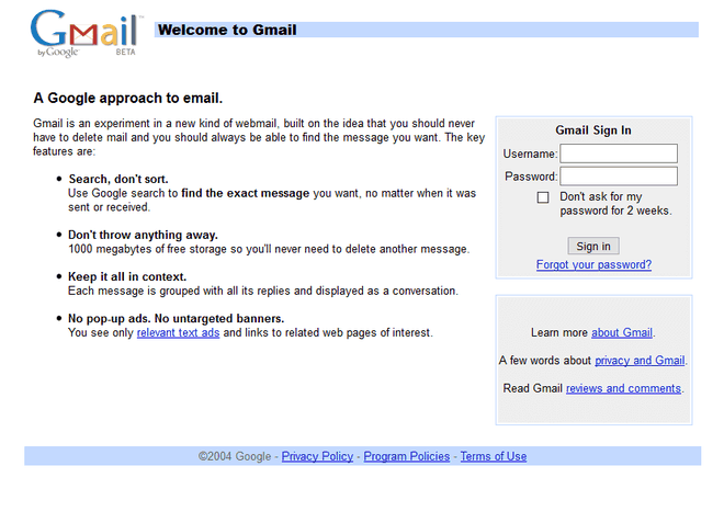 Uma das primeiras telas de login do Gmail (Imagem: Reprodução/Web Design Museum)
