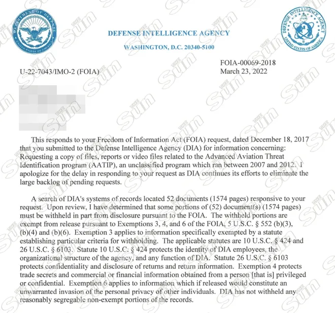 Carta da Agência de Inteligência de Defesa, confirmando a publicação das páginas dos arquivos (Imagem: Reprodução/DIA)