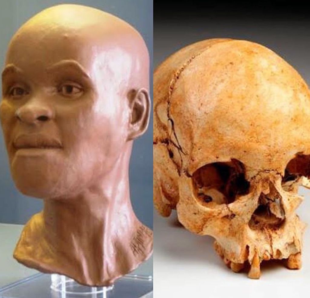 À direita, o crânio de Luzia. Ao lado, reconstituição de como deveria ser a face dela (Foto: Estadão)