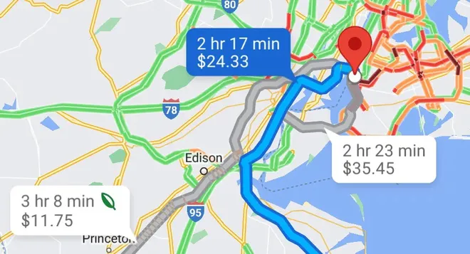 Se houver pedágios pelo caminho, o Google Maps mostrará o valor estimado de cada parada (Imagem: Reprodução/Android Police)