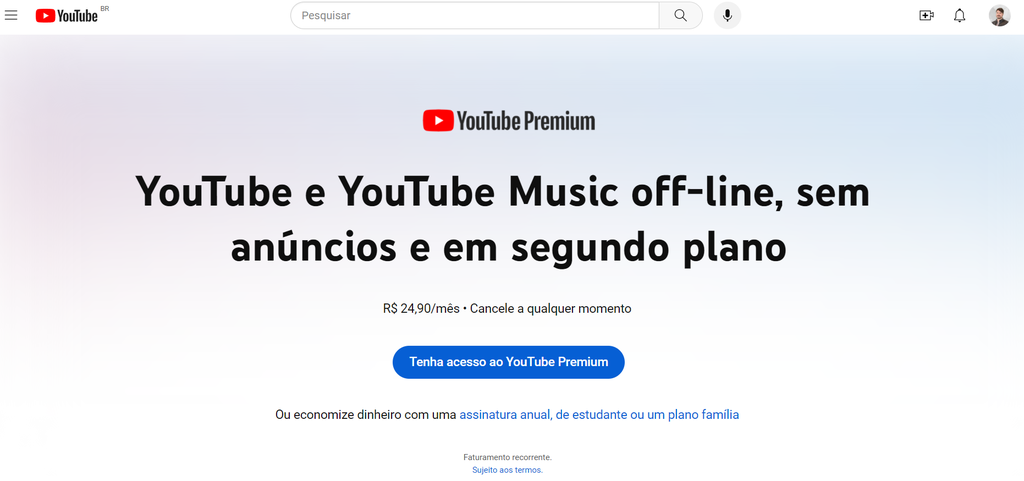 YouTube Premium é a solução (óbvia) do YouTube para quem quer vídeos sem anúncios na plataforma (Imagem: Captura de tela/Fabrício Calixto/Canaltech)