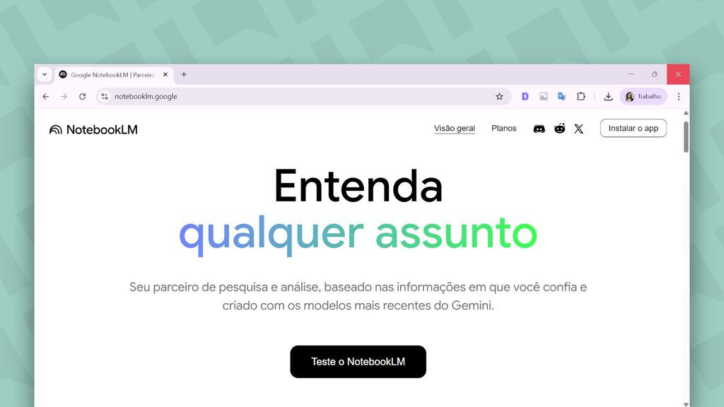 Página inicial do site do NotebookLM